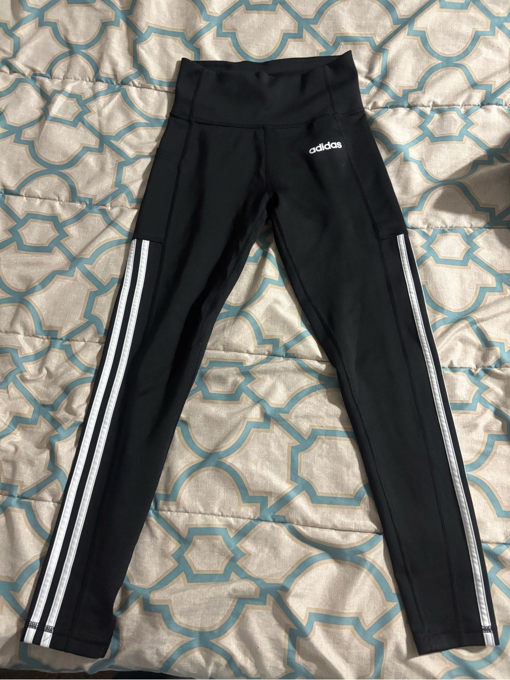 adidas Black Leggings with White Side Stripes and side pocket